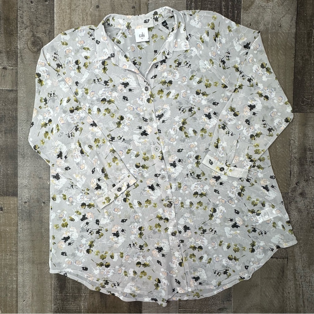 CAbi White and Green Sheer Notched Collar Shirt size XS